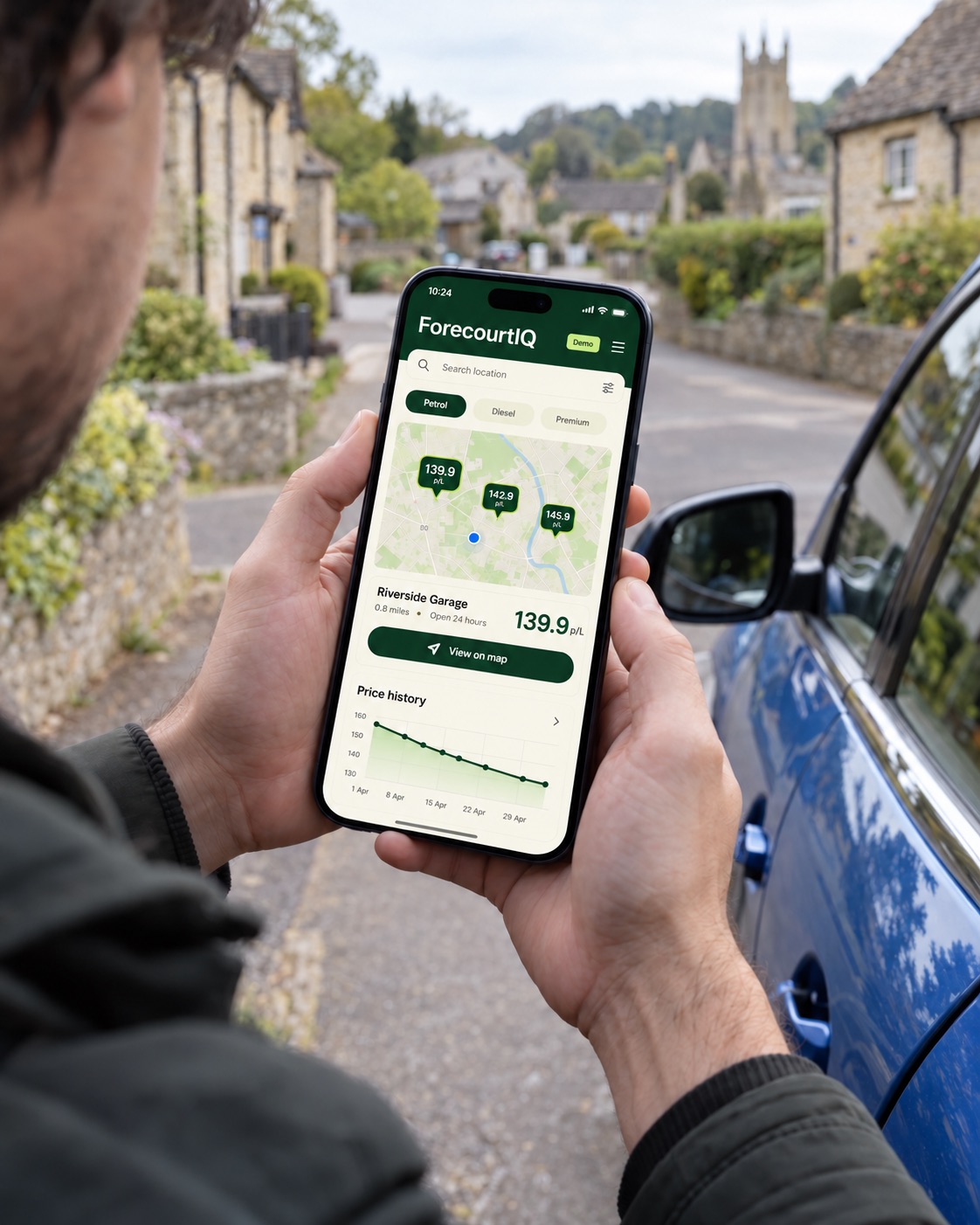 A person using the ForecourtIQ mobile website beside a parked car